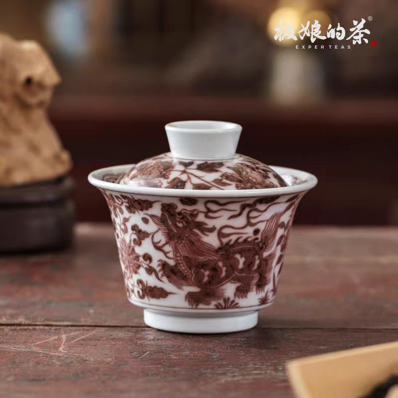 Jingdezhen Hand - Painted High - Temperature Youlihong Gaiwan with Interlocking Lotus and Auspicious Beasts, 120ml - Five Roots Tea