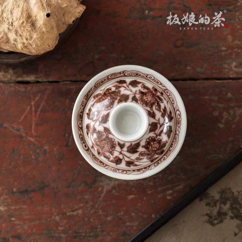 Jingdezhen Hand - Painted High - Temperature Youlihong Gaiwan with Interlocking Lotus and Auspicious Beasts, 120ml - Five Roots Tea