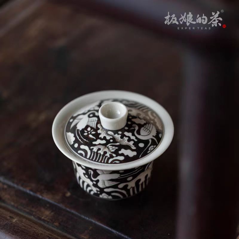 Jingdezhen Handmade High - Temperature Porcelain, Nan Tang Elegance "Lotus & Egret with Continuous Success" Gaiwan, 120ml - Five Roots Tea