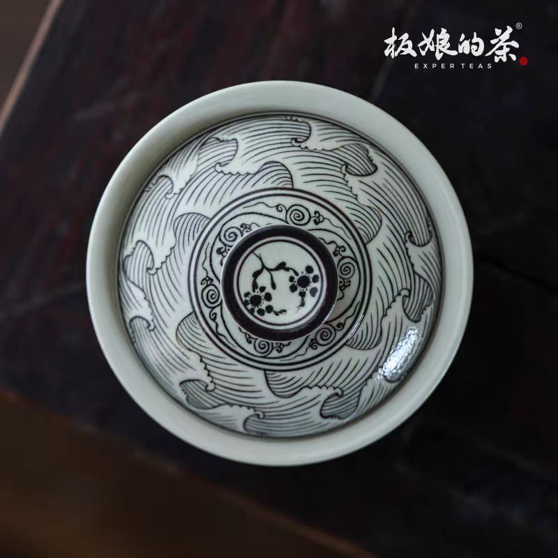 Nantang Handmade Elegant Jizhou Kiln - Hand - Painted Retro Wave and Running Deer Gaiwan - Five Roots Tea