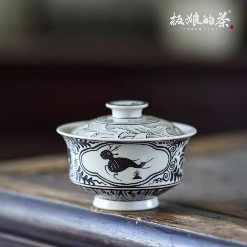 Nantang Handmade Elegant Jizhou Kiln - Hand - Painted Retro Wave and Running Deer Gaiwan - Five Roots Tea