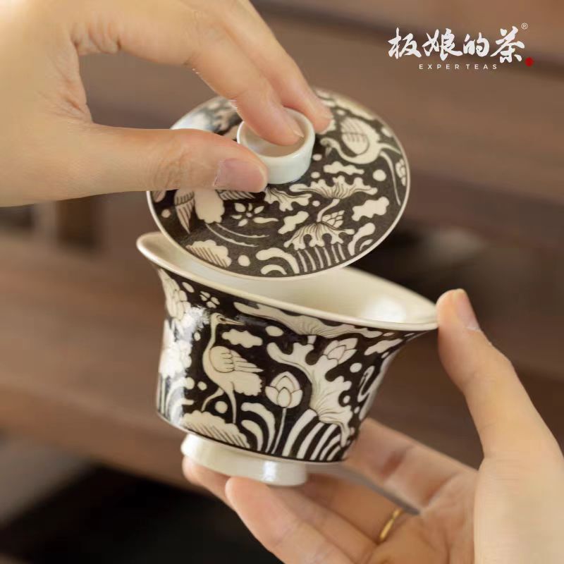 Nantang Handmade Elegant "Lotus and Egret for Continuous Imperial Examinations Success" Gaiwan - 120ml - Five Roots Tea