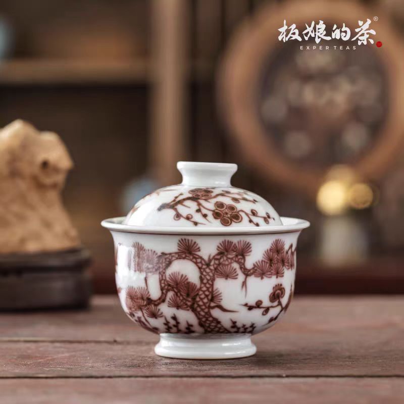Youlihong Handcrafted Jingdezhen Hand - Painted Pine - Bamboo - Plum Gaiwan130ml - Five Roots Tea