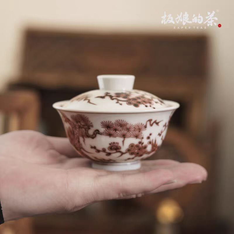 Youlihong Handcrafted Jingdezhen Hand - Painted Pine - Bamboo - Plum Gaiwan130ml - Five Roots Tea