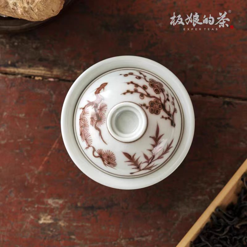 Youlihong Handcrafted Jingdezhen Hand - Painted Pine - Bamboo - Plum Gaiwan130ml - Five Roots Tea