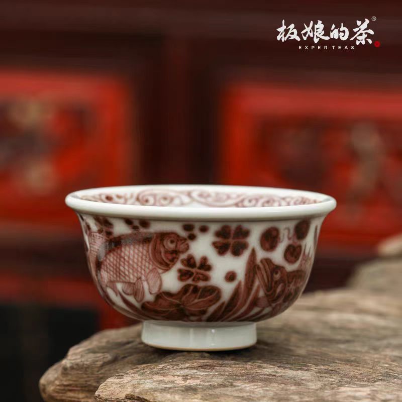 Youlihong Jingdezhen Hand - Painted High - Temperature Fish - Algae Pattern Yashou Cup (90ml) - Five Roots Tea