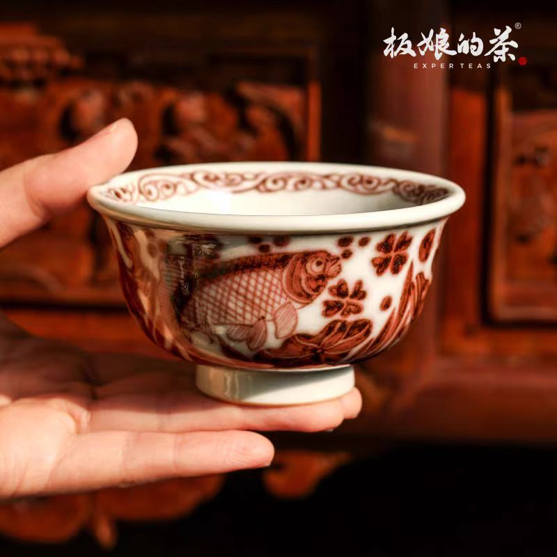 Youlihong Jingdezhen Hand - Painted High - Temperature Fish - Algae Pattern Yashou Cup (90ml) - Five Roots Tea